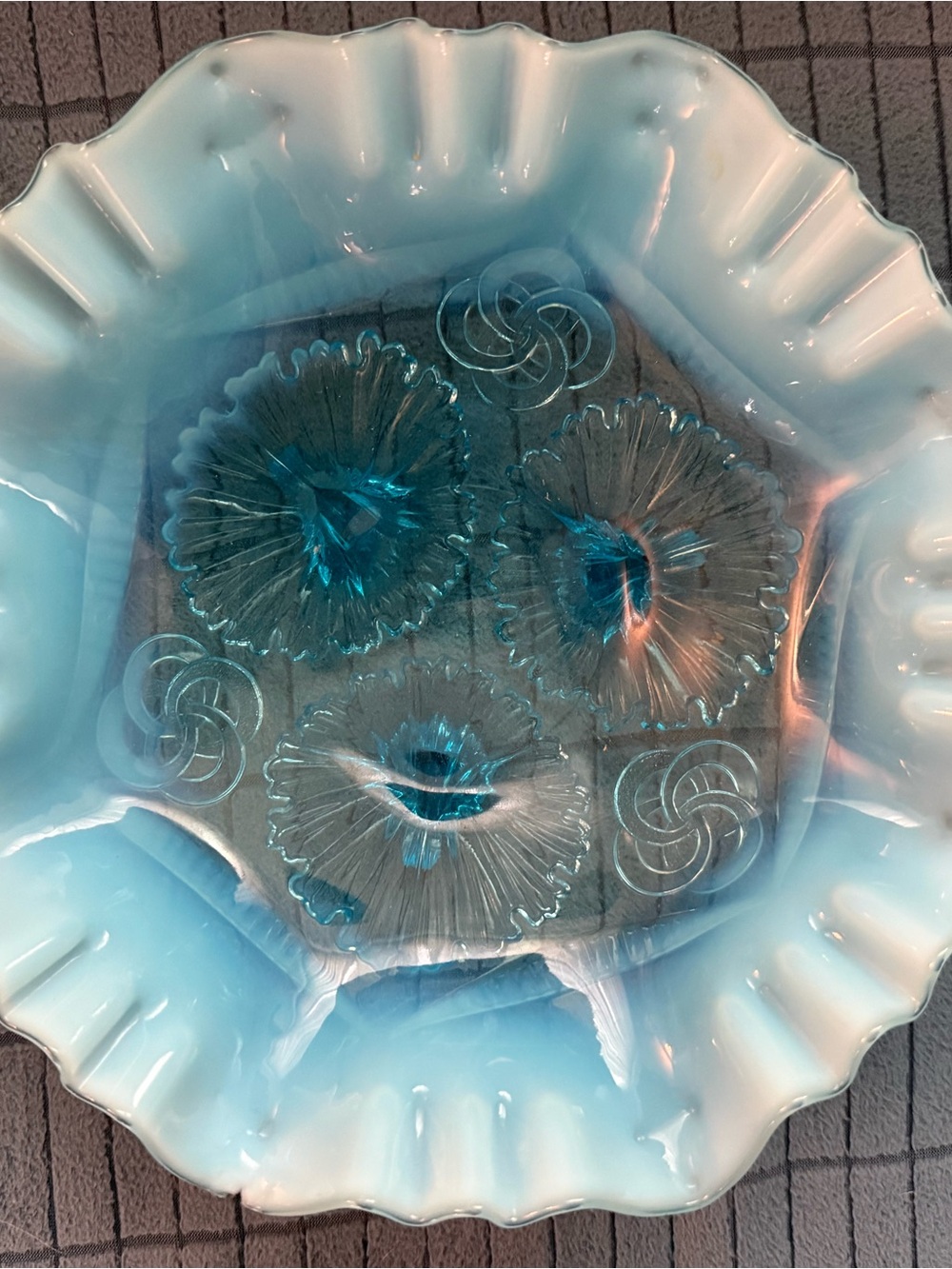 Blue Opalecent Ruffled Edge Footed 9.5 inch Bowl
